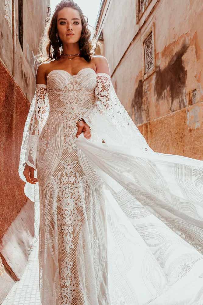Shoulder Off Bohemian Dress With Sleeves #offtheshoulderdress #bohoweddingdress