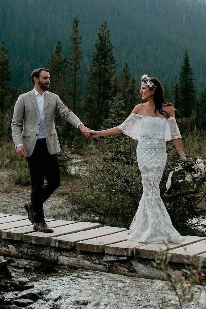 Bardot Neckline Boho Dress #bohoweddingdress #laceweddigndress