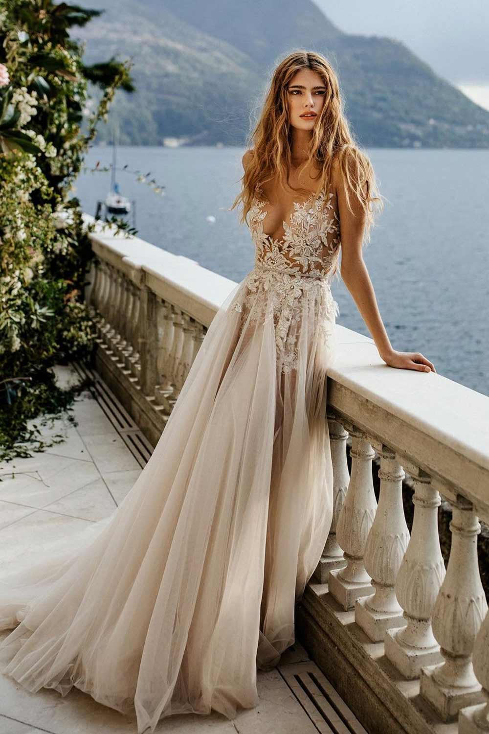 V Neck Long Wedding Dress for Beach Ceremony