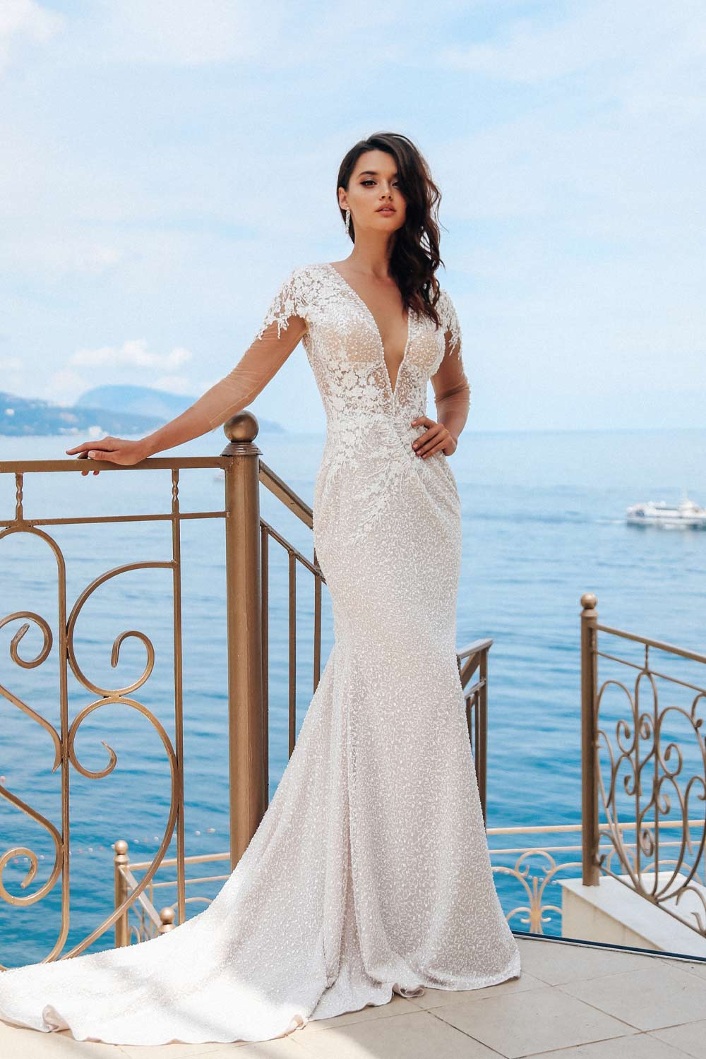 V-Neck Beach Wedding Dress with Transparent Sleeves