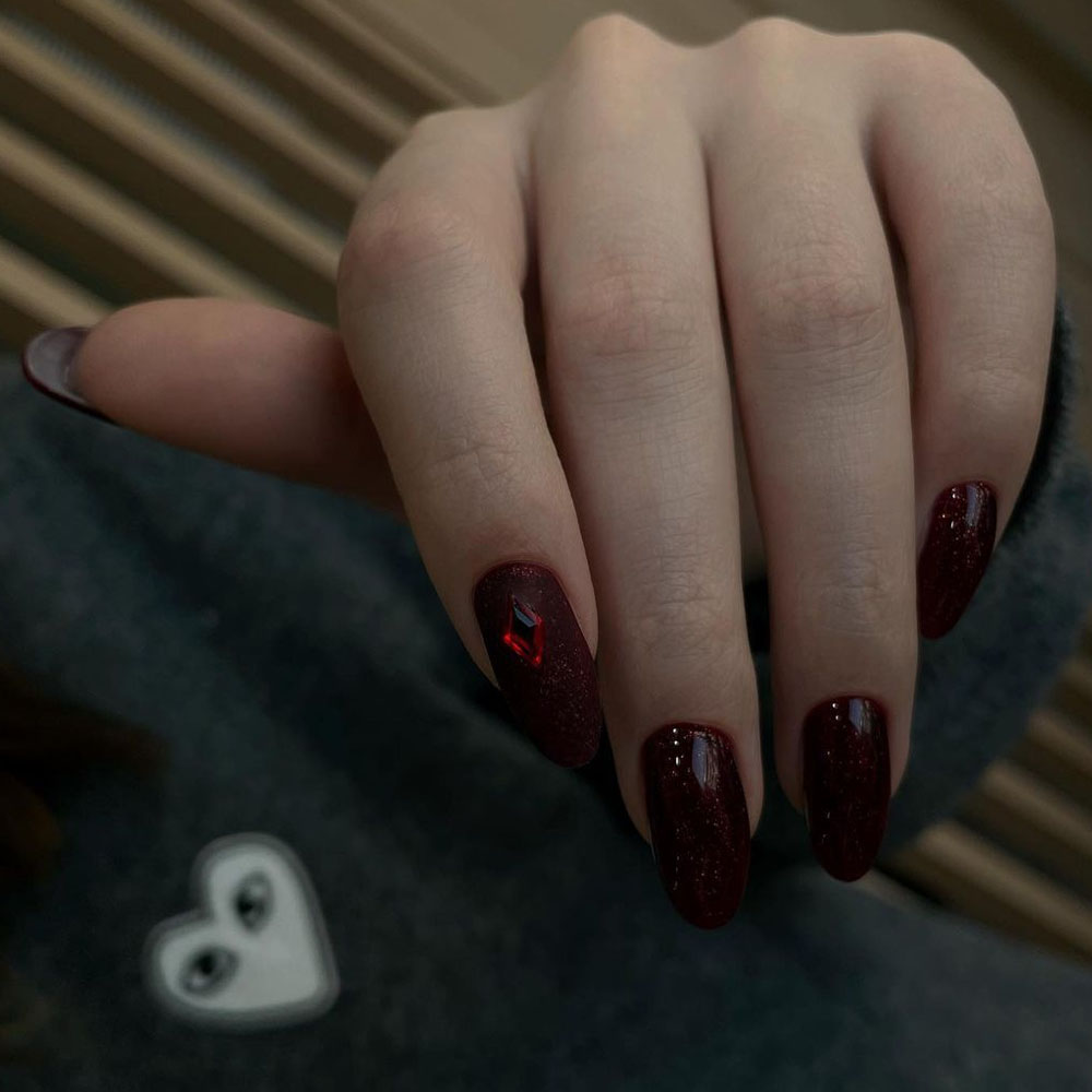 Glitter Burgundy Nails with Gems