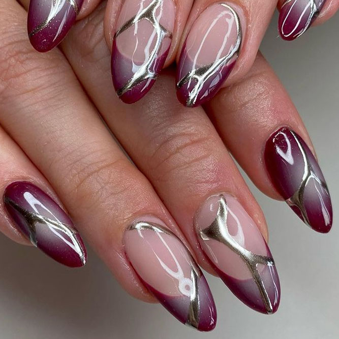Aura and Chrome Burgundy Nails