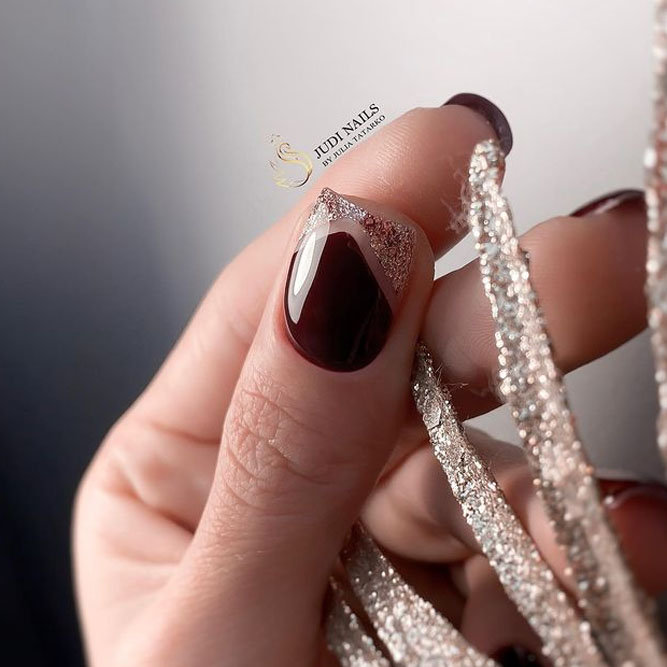 Gold Glitter and Burgundy French Tip Nails