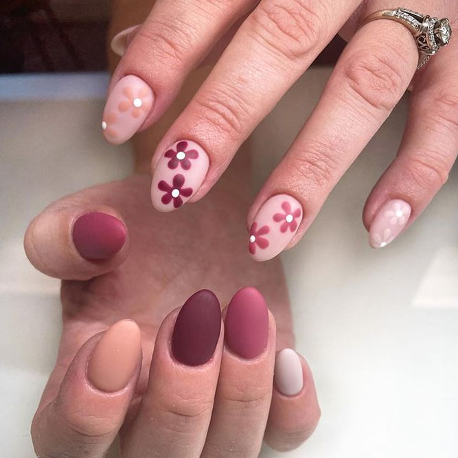 Floral Burgundy Nails