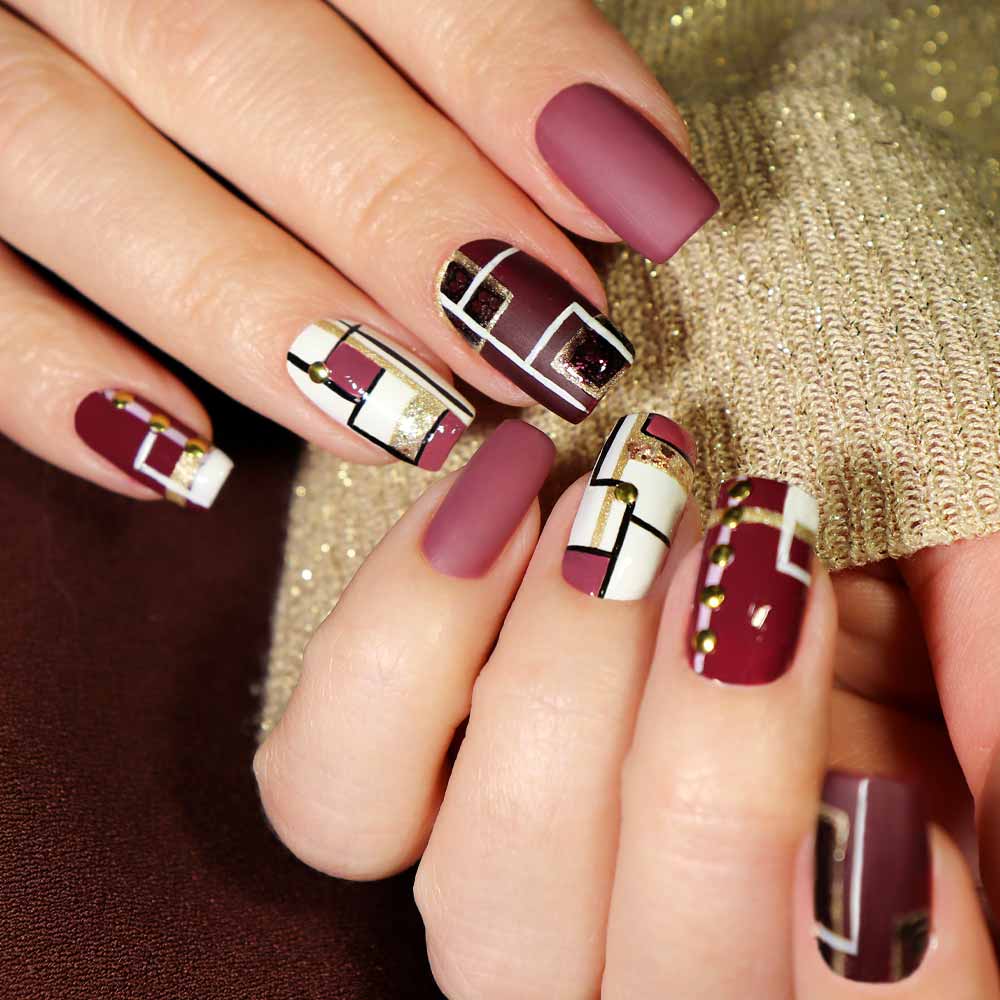 Geometric Matte Burgundy Nails