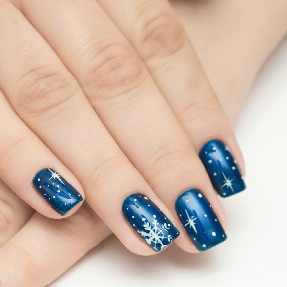 Navy Blue Nails with Snowflakes