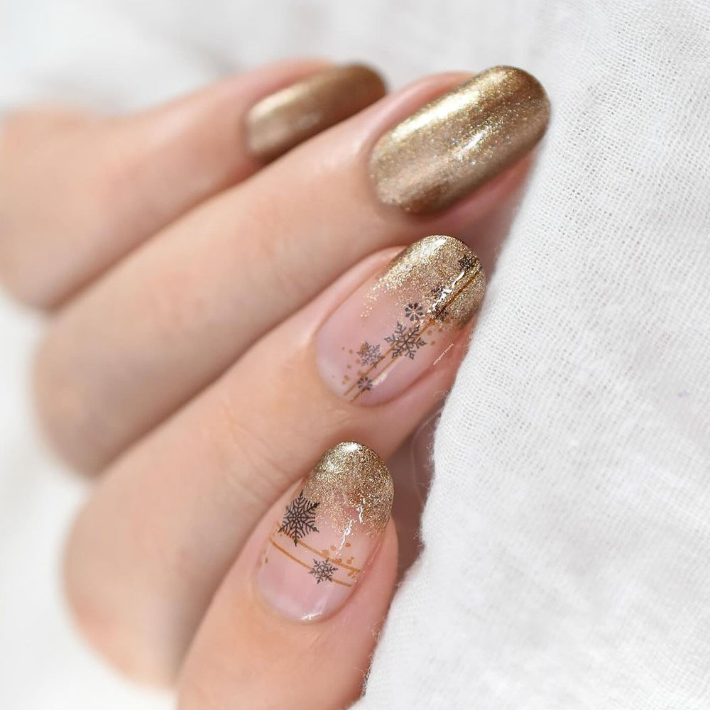 Golden Nails With Black Snowflakes