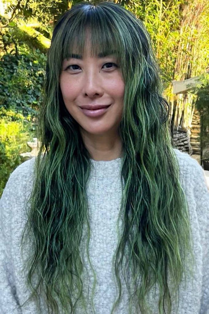 Green-Colored Layered Hair with A Fringe #longhaircuts #layeredhair