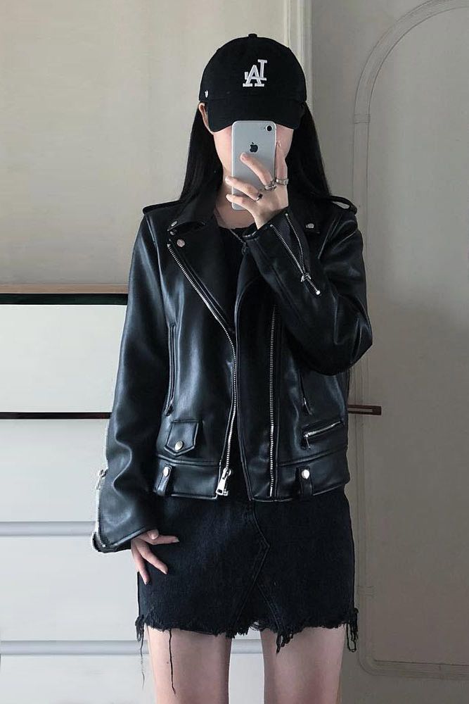Black Leather Jacket With Black Ripped Shorts #leatherjacket 