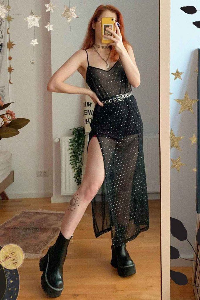 Black Transparent Maxi Dress With Combat Boots