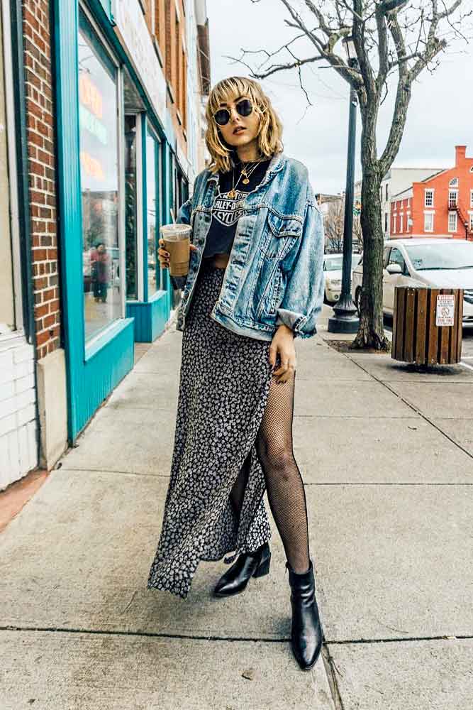 Long Maxi Skirt, Printed Top And Denim Jacket #denimjacket #maxiskirt