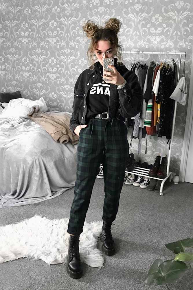 Plaid Pants With Denim Jacket #plaidpants #denimjacket