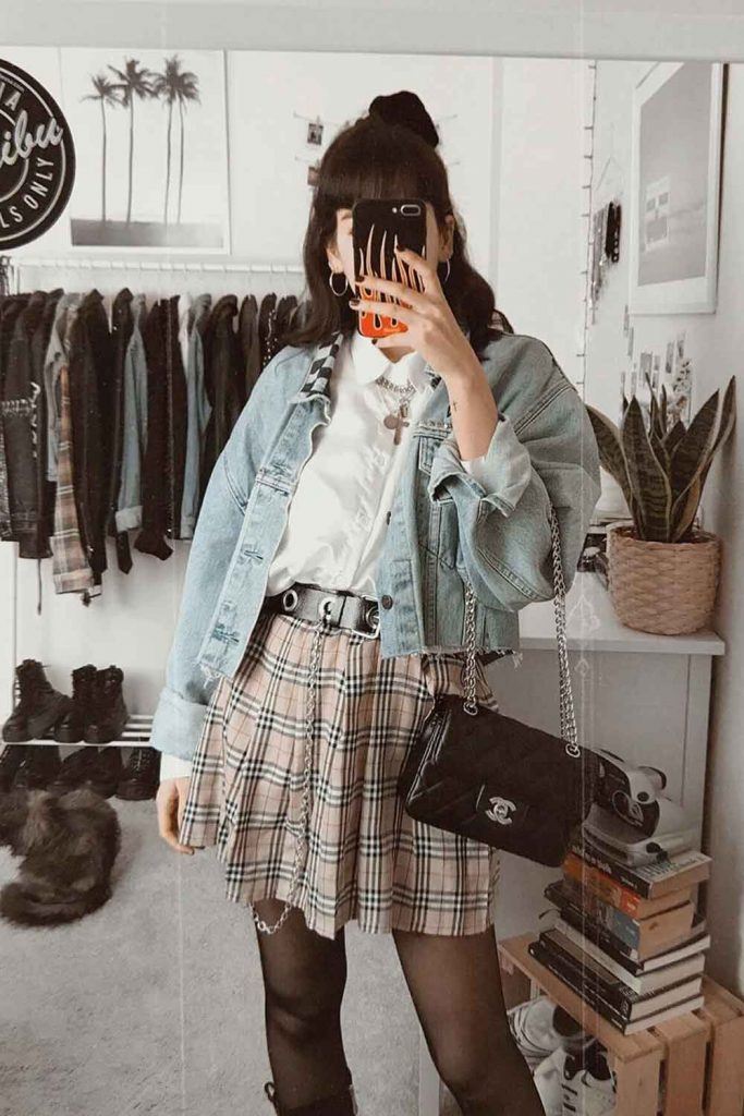 Plaid Mini Skirt With Denim Jacket