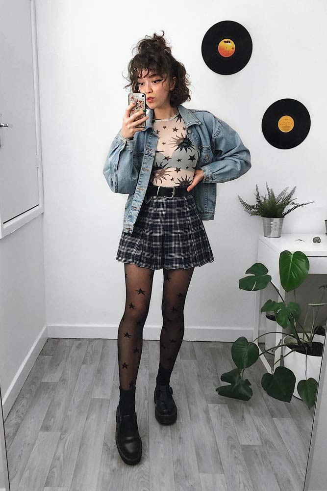 Short Plaid Skirt With Denim Jacket #plaidskirt