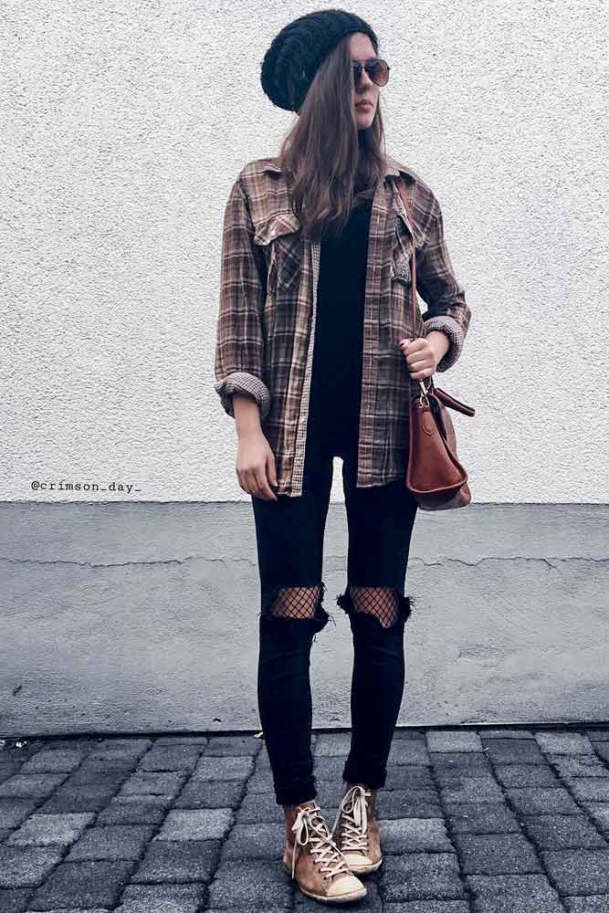 Ripped Jeans, Shirt, And Beanie Hat #rippedjeans #plaidshirt