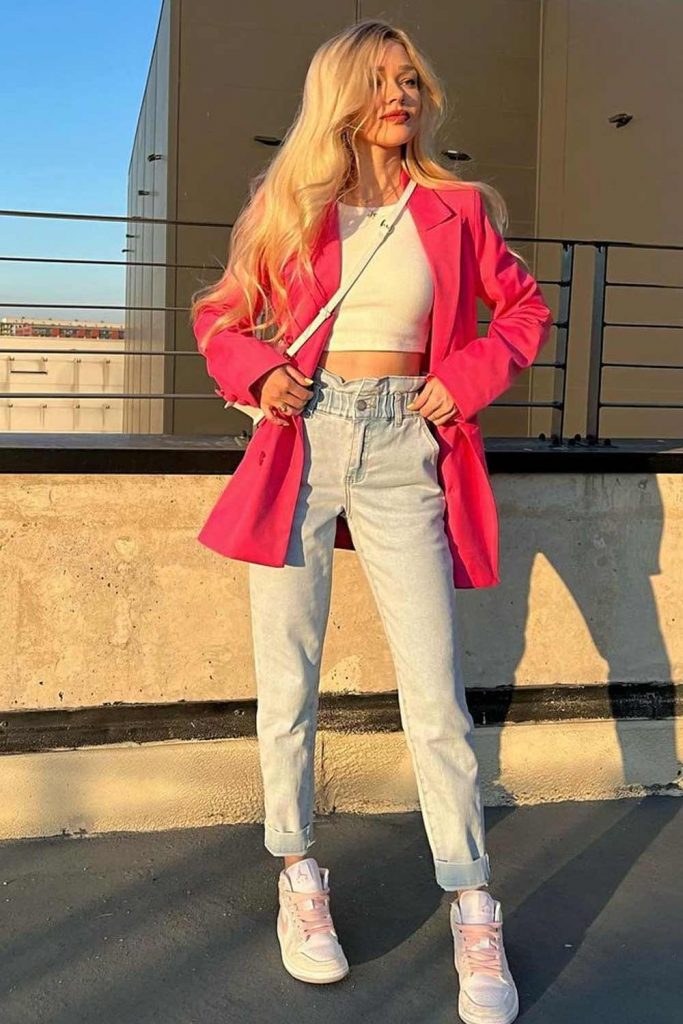 Casual Outfits with Jeans and Bright Pink Blazer