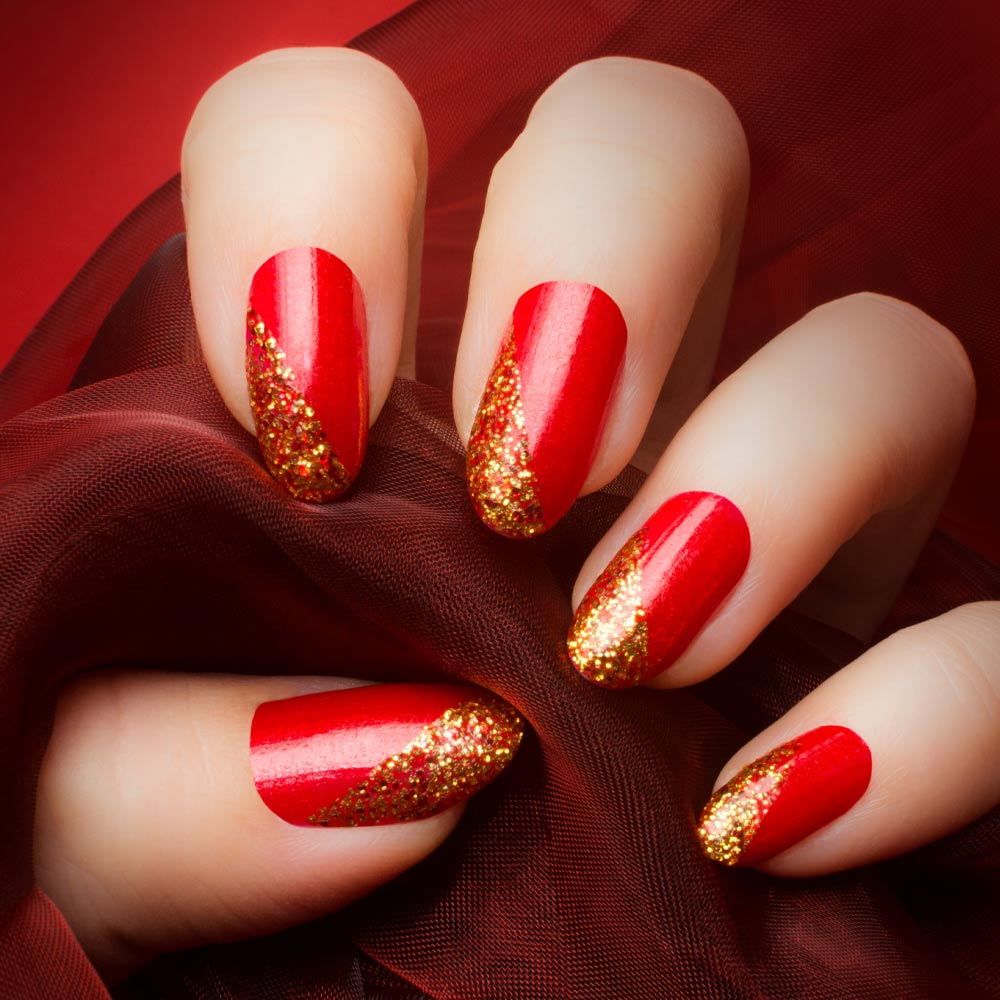 Red Nails with Gold Glitter