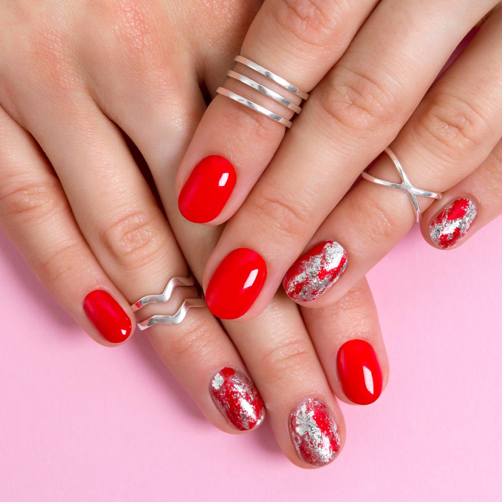 Red Nails with Silver Foil