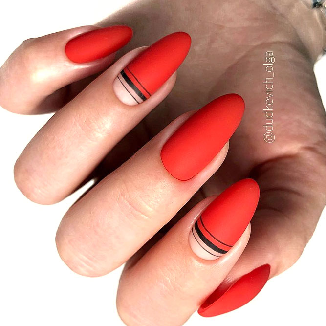 Red Matte Nail Design With Striped Art