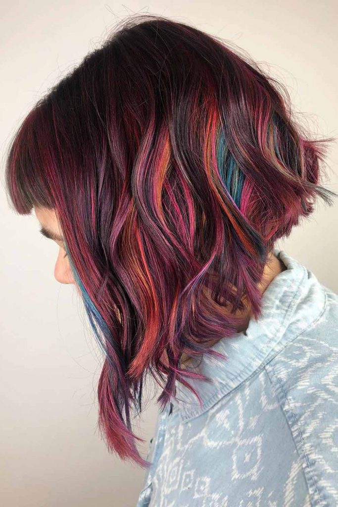 Colorful Layers with Bangs #layeredbob #bobhaircut #layeredhair