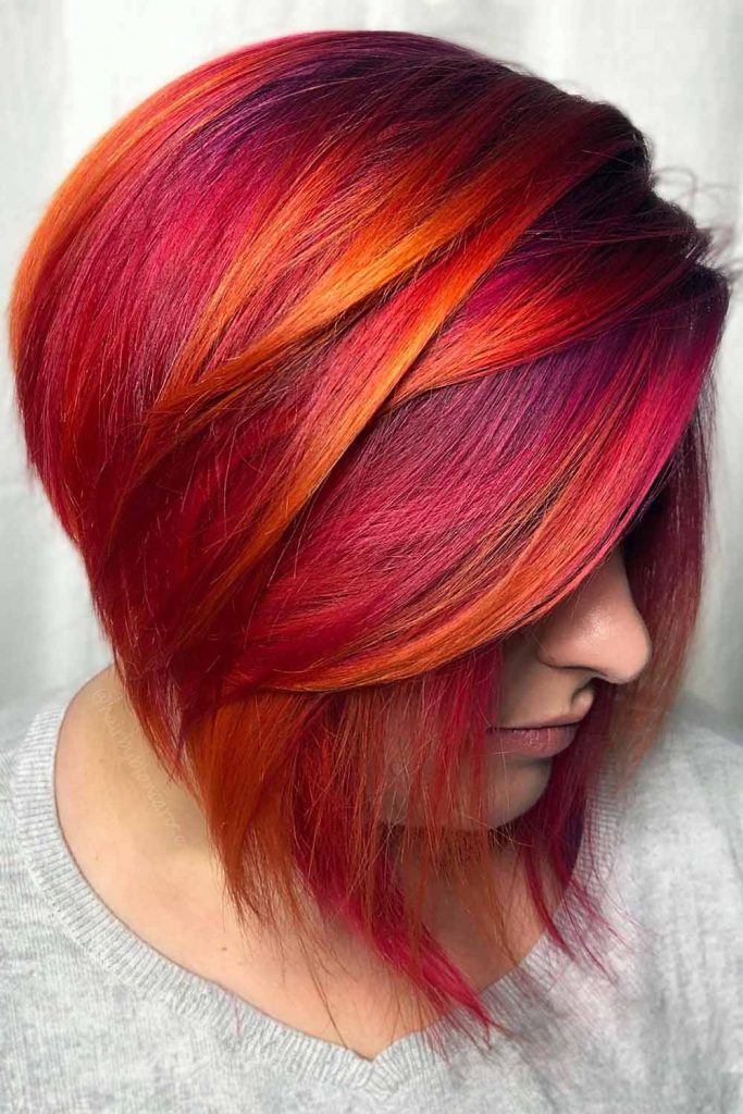Magenta Bob with Warm-Orange Highlights #layeredbob #bobhaircut #layeredhair