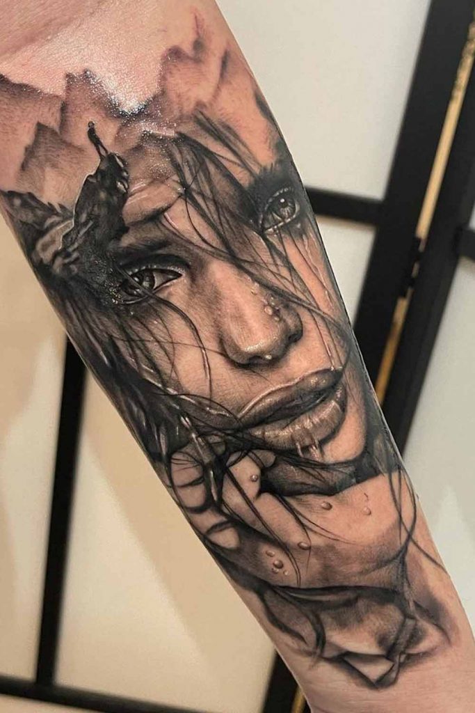 Black and White Female Portrait Tattoo
