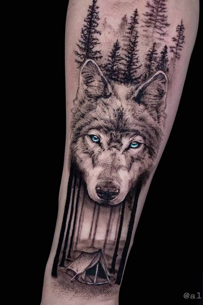 Wolf Tattoo Black and White Design with Colored Eyes