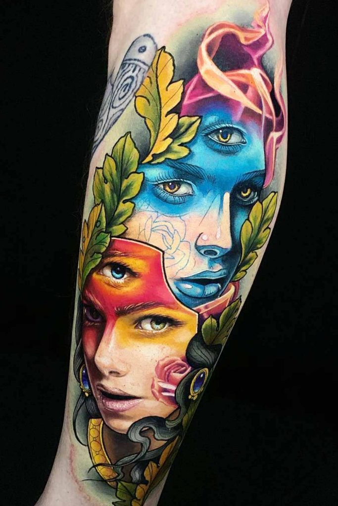 Colorful Female Portraits Tattoo
