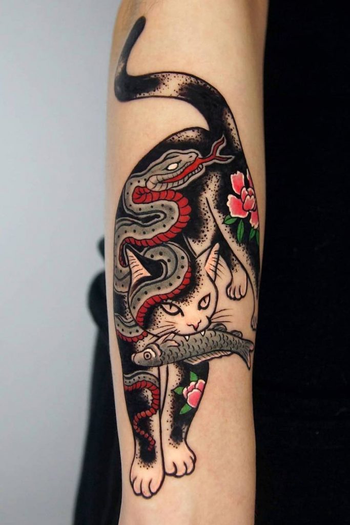 Japanese Cat Tattoo Design