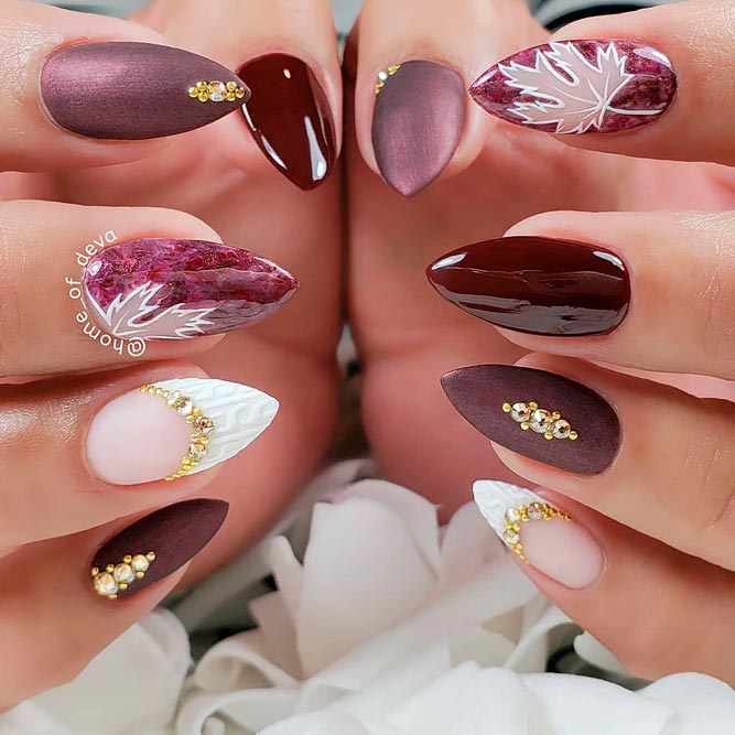 Creative Fall Nail Art #burgundynails #rhinestonesnails