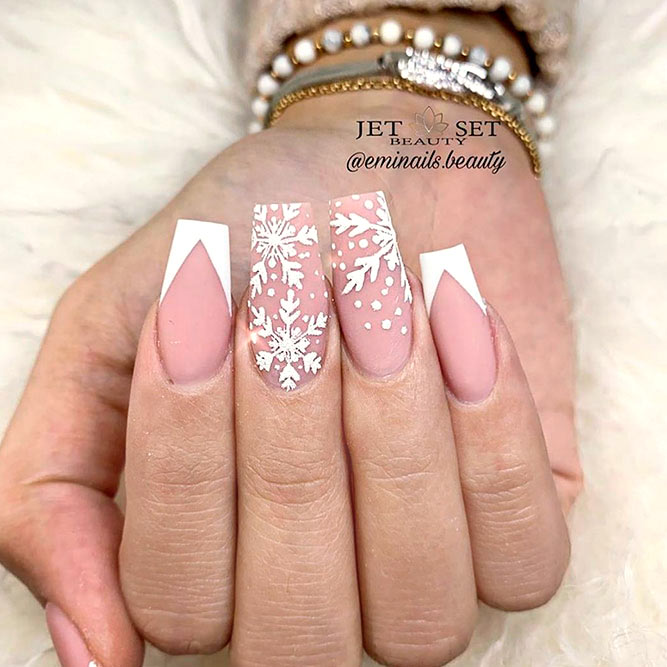 Matte Snowflakes Nail Art For Winter #frenchnails #nudenails #whitenails
