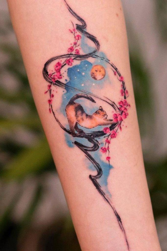 Watercolor Tattoo Design with a Cat