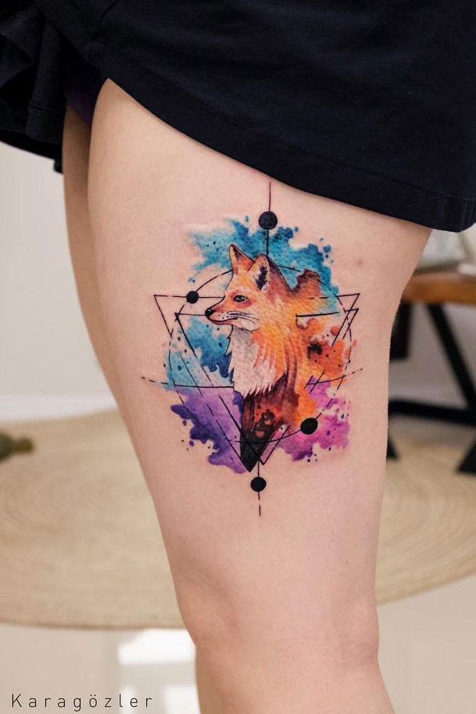 Watercolor Tattoo Design With Fox #foxtattoo #galaxy #geometric