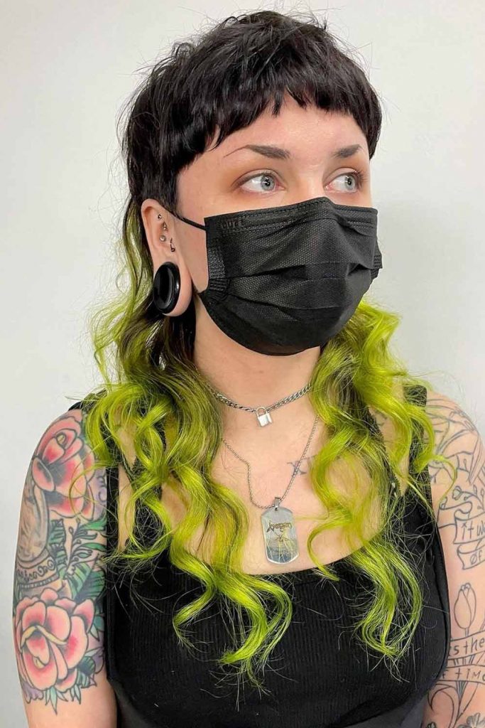 Wolf Cut with Green Wavy Loose Curls