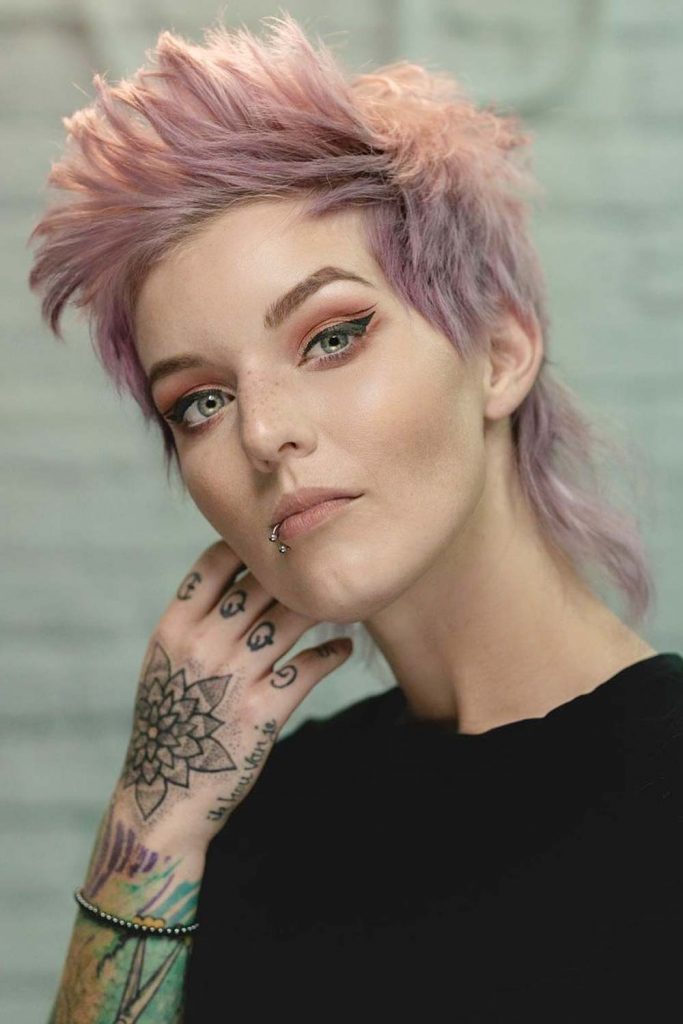 Pastel Purple Wolf Cut with Brushed-Up Bangs