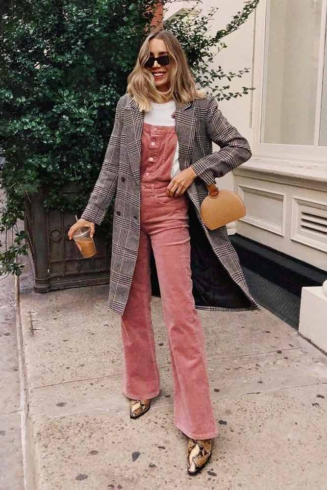 Pink Overalls With Plaid Coat #plaidcoat #pinkoveralls